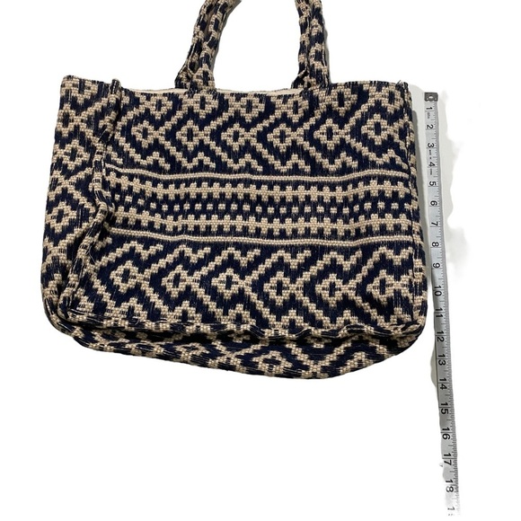 H&M Jacquard-Weave Handbag Large-Sized Brown & Blue Canvas Open Tote Bag Jute - Picture 7 of 10